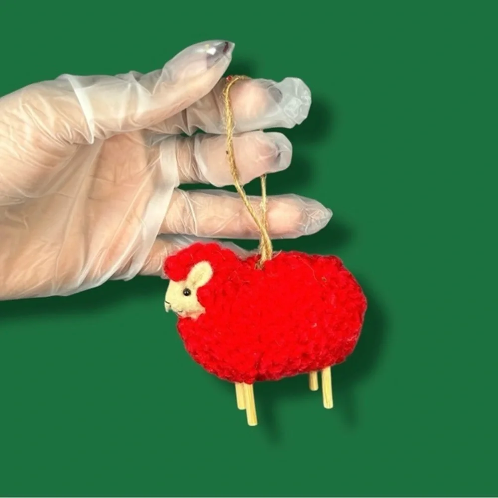 Red Fuzzy Sheep Christmas Ornament - “Candles”